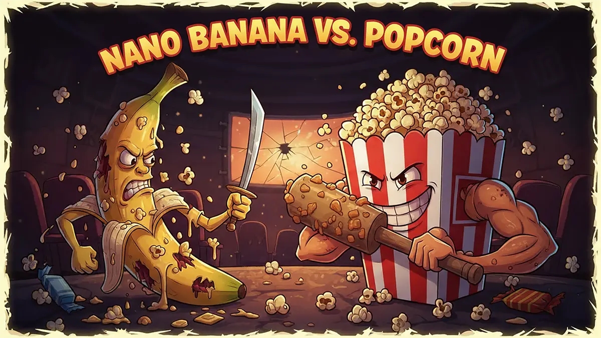 Ein Popcorn Charakter schlägt einen Bananen Charakter